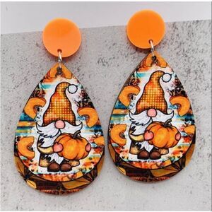 Wooden Water Drop Fall Earrings Gnome & Pumpkins New